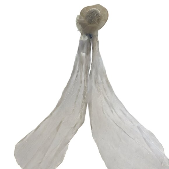 Bride Hat With Long Veil Vintage White With Pearl and Bling Beads Wedding Bridal - Picture 7 of 9
